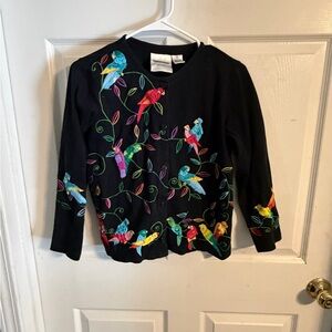 Michael Simon Black Cardigan with Embroidered Birds